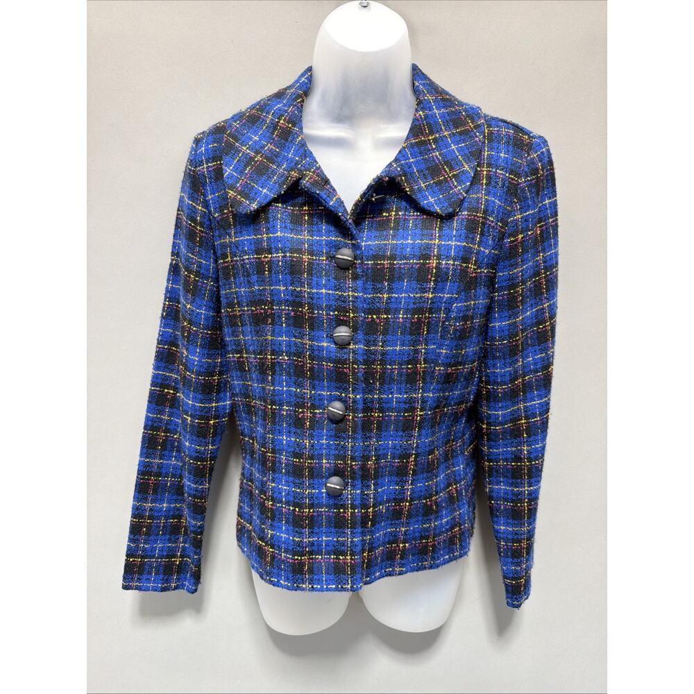 Vintage 90’s K.C Spencer New York Blue Plaid Tweed Boucle Blazer Jacket 8 USA